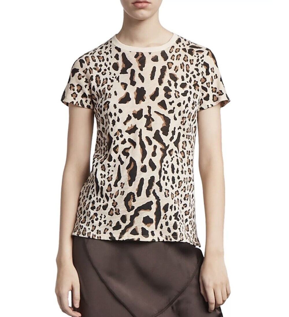 ATM Anthony Thomas Melillo Mixed Leopard-Print Schoolboy Crewneck Tee Shirt S